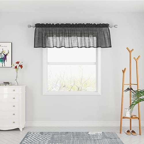 "UPOPO Black Sheer Valance 14 inches Long Curtain Topper Living Room Bedroom Kitchen Over Sink Voile Transparent Valance Curtain Small Short Door Window Treatment 1 Panel Rod Pocket 90""x14"""