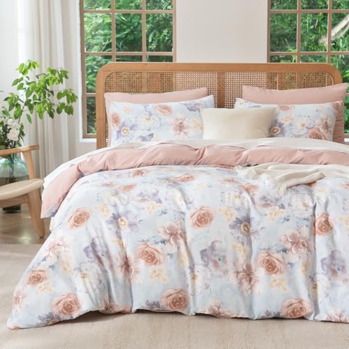 TISPLR Duvet Cover Queen Floral Soft Brushed Microfiber Crinkle Gauze 3 Pieces Bedding Set, Garden Style Peony Pattern Queen Duvet Cover Floral, with Zipper Closure Luxury Breathable Comfy