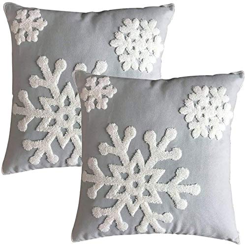 "Elife Soft Square Christmas Snowflake Style Cotton Embroidery Throw Pillow Case Cushion Cover Decorative 18x18"" (1 Pair, Grey)"