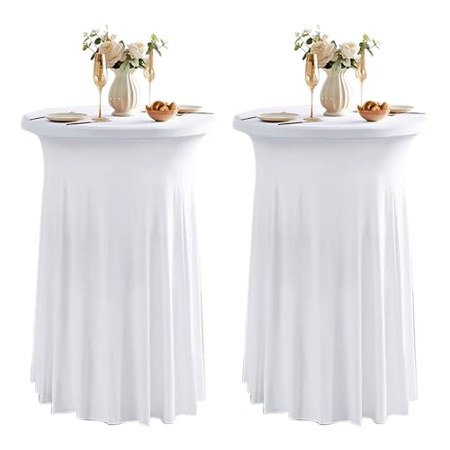Dimatic 2 Pack White High Top Cocktail Tablecloth Stretch Cocktail Table Cloth with Skirt Fitted 32 inch Round Spandex Table Cloths for Party Wedding Banquet Birthday