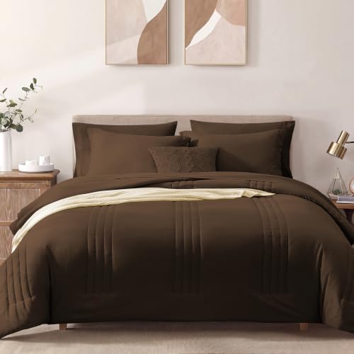 Monbix Full Size Comforter Set-7 Pieces Soft Bed in a Bag Full Bedding Sets - Monbix All-Season Vertical Quilted Comforter with Sheets, Pillow Shams & Pillowcases, Chocolate Brown