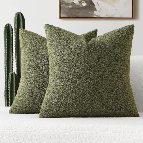 FUTEI Pack of 2 Moss Green Boucle Accent Decorative Throw Pillow Covers,18x18 Inch Soft Solid Textured Cushion Case,Home Decor for Couch Bed Living Room