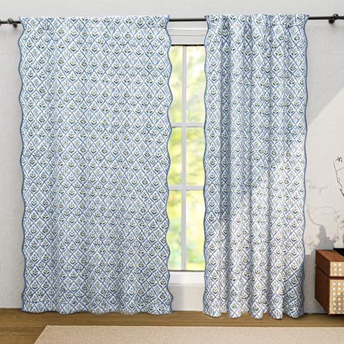 Ridhi Light Steel Blue Set of 2 Floral Cotton Scallop Curtains 84-Inch Pocket for The Rod Semi-Sheer Drapes for Living Room & Bedroom, Floral Patterned Farmhouse Boho French Country Window Panels