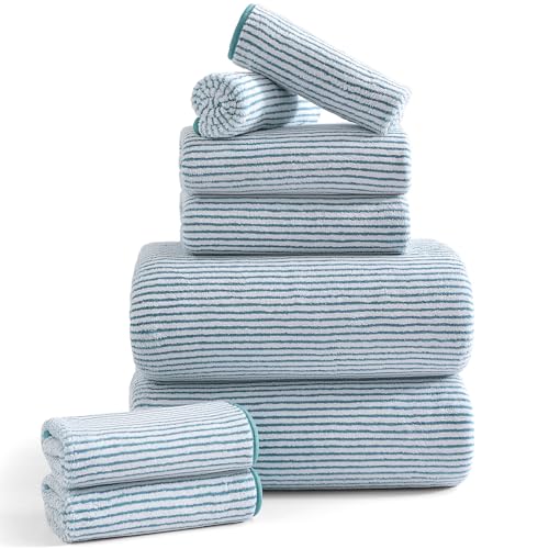 8-Piece Premium Towel Set for Bathroom-2 Oversized Large Bath Sheet,2 Hand Towels,4 Washcloths-Soft Cozy Highly Absorbent Fast Dry Microfiber Shower Towel Set for Hotel Bathroom Essentials,Lake Blue