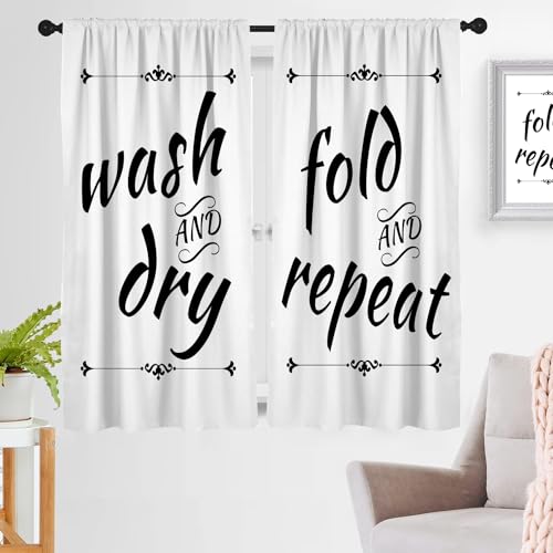 "zokyer Laundry Room Curtains for Doorway Wash Dry Sign Theme Printed Girl White Black Word Fold Quotes 42"" W x 63"" L Window Curtain Set for Living Room Bedroom Bathroom Set of 2 Panels Drapes"