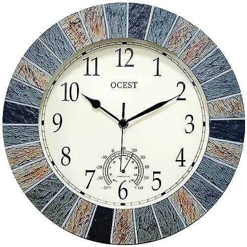 OCEST 13 Inch Outdoor Garden Wall Clock with Thermometer, Retro - Waterproof design, silent non-ticking battery movement, large easy-read dial for patio, pool, kitchen, porch, and garden
