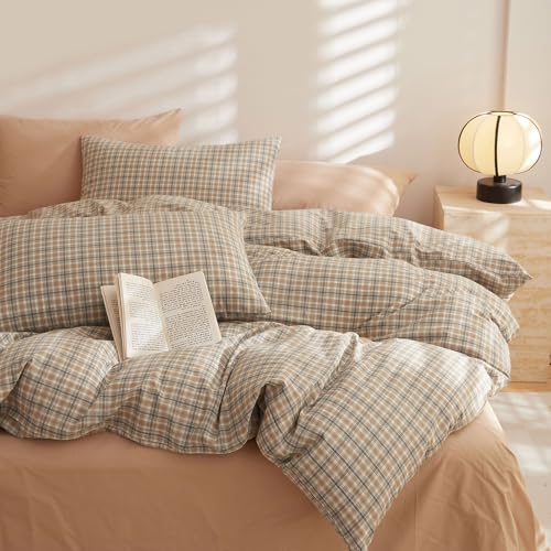 EAVD Grid Plaid Gingham Duvet Cover Queen Khaki Brown Soft Washed Cotton Reversible Grid Plaid Duvet Cover with 2 Pillowcases Modern Farmhouse Gingham Bedding Set for All-Season