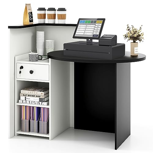 CASART Reception Desk, Cashier Counter Desk with Adjustable Shelf & Lockable Drawer, Modern Retail Counter Workstation for Salon Clothing Store Restaurant (Black+White)