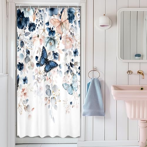 "Ufeela Small Stall Blue Pink RV Narrow Bathroom Shower Curtain Set - 36""W x 72""L Floral Butterfly design with waterproof HD artwork, quick-dry fabric and hooks for easy hanging."
