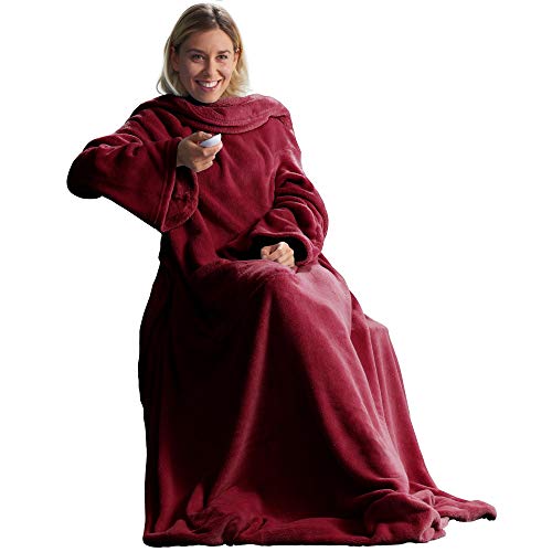 CelinaTex TV Blanket with Sleeves and Foot Pocket Fluffy Cuddly Blanket XL 170 x 200 cm Bordeaux Red Microfibre Fleece Soft Oeko-Tex