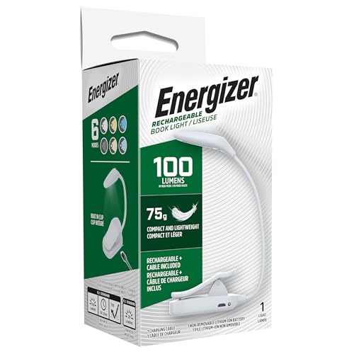 Energizer Rechargeable LED Book Light, White, 3 Eye-Protecting Modes Flexible Reading Light Book Lamp, Rechargeable, Long Battery Life