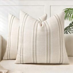 AELS 18x18 Decorative Farmhouse Linen Throw Pillow Covers, Boho Textured Pillow Case, Set of 2, Beige with White & Brown Stitch Yarn Dyed Stripe Cushion Cover for Sofa Couch Living Room (Cover ONLY)