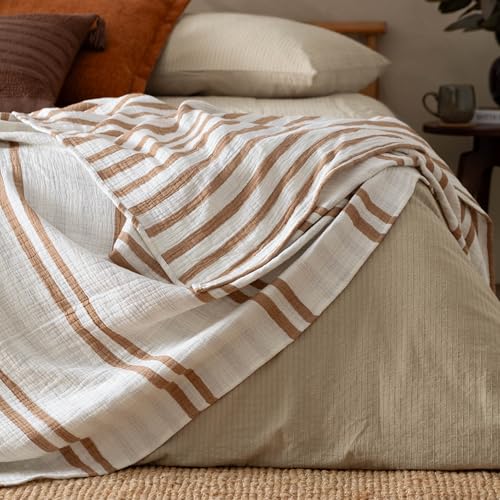 Yard Furn Woven Stripe Cotton Bedspread - Reversible Muslin Textured Bedspread (Cream - 140x220cm)