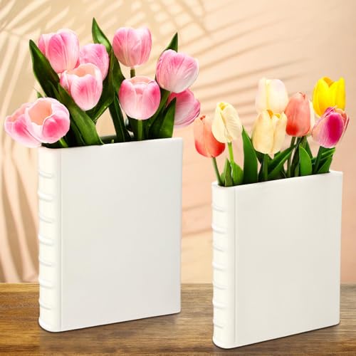 Vesici 2 Pcs Ceramic Book Shape Vase for Flowers 8 and 7 inch Tall Book Shaped Flower Vases for Home Decor Vase for Book Lovers Cute Vases Home Decor for Bookshelf Dining Table Office Home (White)