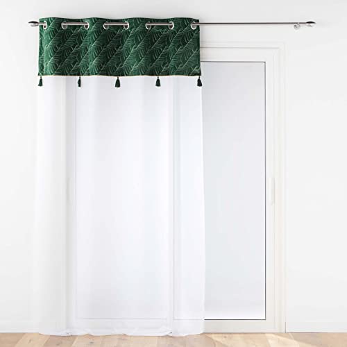 Douceur d'Intérieur, Eyelet Curtain 140 x 280 cm Green Sandblasted Voile with Top Velour and Pompom Palmina