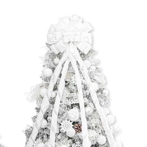 Hismir Large White Christmas Tree Topper Bow, 53x13 Inches with Glitter Streamer and Patterned Ribbon, Festive Christmas Tree Decor