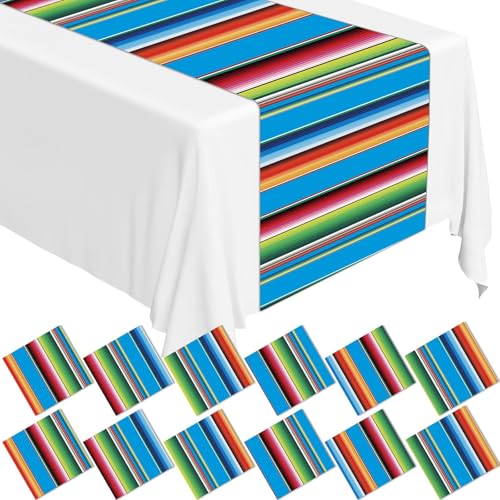 12Pack Plastic Mexican Table Runner Disposable Cinco de Mayo Mexican Serape Table Runner 14 x 84Inch Blue Striped Table Cover for Dinning Table Fiesta Party Day of The Dead Taco Party Decor Supplies