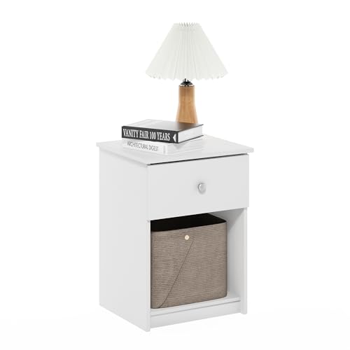 Furinno TIDUR Night Stand, Nightstand with Drawer, Bedside Table, End Table, Side Table with Storage Shelf, Knob Handle Drawer, for Bedroom, Living Room, White
