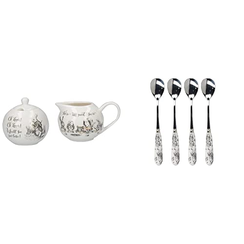 "Creative Tops V&A 5227082 Alice in Wonderland Fine China Milk Jug and Sugar Bowl Set & V&A Alice in Wonderland Stainless Steel Teaspoons with Decorative Porcelain Handles, 15.5 cm (6"") - White"
