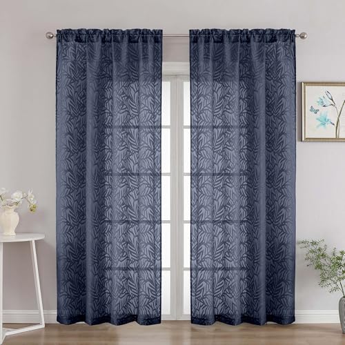 OVZME Extra Wide Navy Blue Sheer Curtains 90 Inches Long 2 Panels Set, Soft Lightweight Leaf Clip Jacquard Voile Sheer Curtains for Bedroom, Modern Dual Rod Pocket Window Drapes, 2x52Wx90L Inches