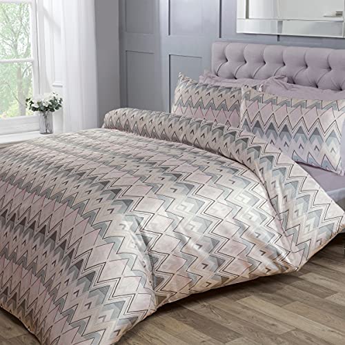 Sleepdown Chevron Jacquard Zig Zag Geometric Stripe Soft Pink Grey Luxury Duvet Cover Quilt Bedding Set with Pillowcases - King (220cm x 230cm)