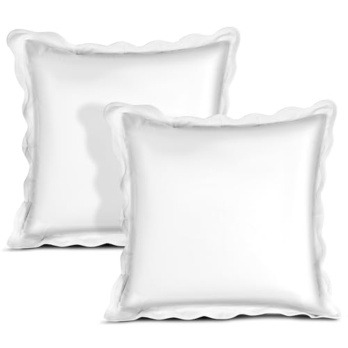 "Ridhi White with White Scalloped 100% Cotton 400 TC Throw Pillow Covers 18""x18"" Set of 2 Solid Pure Farmhouse Case Soft Home Decor for Sofa, Bed, Couch, Living Room Gift for Spring, Easter, Valentine"