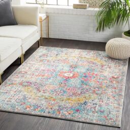 Livabliss Lou Asmara Vintage Rug for Living Room, Dining & Kitchen 140x200 cm, Traditional Boho Design, Multicoloured Beige, Mustard & Blue, Easy Care Pile, Large Floor Covering