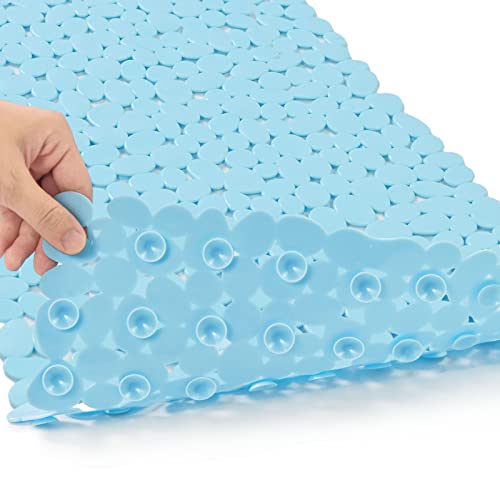 "SONGZIMING Bathtub Mat Non Slip Pebble Bath Shower Mat with Drain Holes, Suction Cups Mat for Tub 16"" W x 35"" L, Blue"