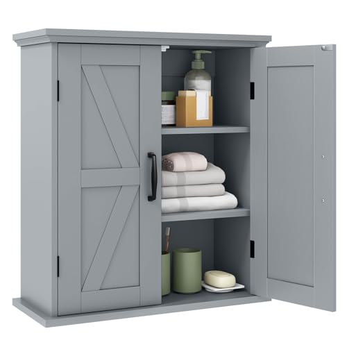 RELAX4LIFE Double Door Wall Mounted Bathroom Cabinet, Over The Toilet Storage with 2 Doors and Adjustable Shelves, Wooden Bathroom Cupboard for Living Room Kitchen (without Open Compartment, Grey)