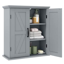 RELAX4LIFE Double Door Wall Mounted Bathroom Cabinet, Over The Toilet Storage with 2 Doors and Adjustable Shelves, Wooden Bathroom Cupboard for Living Room Kitchen (without Open Compartment, Grey)