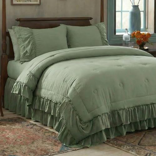 Avocado Green Comforter Set Queen Boho Bedding Set Shabby Chic 2 Layers Ruffled Bedroom Home Decor Ultra Soft Microfiber Farmhouse Down Comforter Bohemian Quilt Set