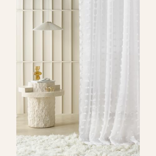 ROOM99 Casablanca Curtain with Ruffle Tape, 200 x 260 cm, Width x Height Living Room, Transparent Modern Curtain Scarf, Living Room, Bedroom for Rail System, White Pompoms, 1 Piece