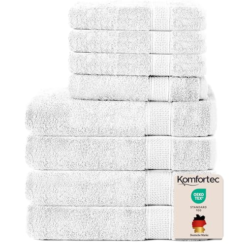 Komfortec Set of 8 Hand Towels 100% Cotton, 4 Bath Towels 70 x 140 cm and 4 Hand Towels 50 x 100 cm, Terry Clothing, Soft, Large Towel, White