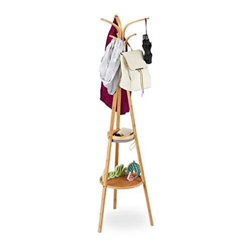 Relaxdays Coat Stand, Modern Bamboo Garment Rack, 2 Trays, 6 Hooks, Tree Design, 178 x 50 x 50 cm, Natural