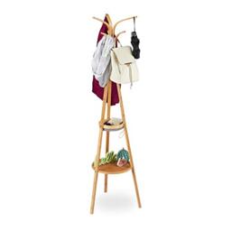 Relaxdays Coat Stand, Modern Bamboo Garment Rack, 2 Trays, 6 Hooks, Tree Design, 178 x 50 x 50 cm, Natural