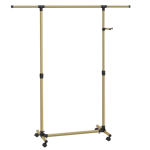 SONGMICS Castors, Garment Rack, Adjustable Height Between 97-165 cm, Clothes Rail with Extendable Bar, Side Hooks for Accessories and Bags, Pale Gold LLR001A01, 150 x 165 x 44cm