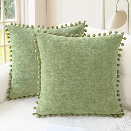 CaliTime Throw Pillow Cases Pack of 2 Cozy Solid Dyed Soft Chenille Cushion Covers with Pom Poms for Couch Sofa Home Decoration 45cm x 45cm Sage