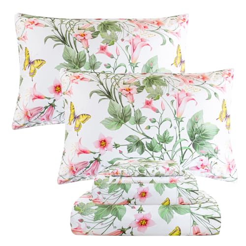 QSH Butterfly Bed Sheets Set Queen Size 100% Egyptian Cotton Sheet Wild Flower Leaves Printed Pattern Bedding Sheets Spring Floral Bedsheets Deep Pockets 4PCs