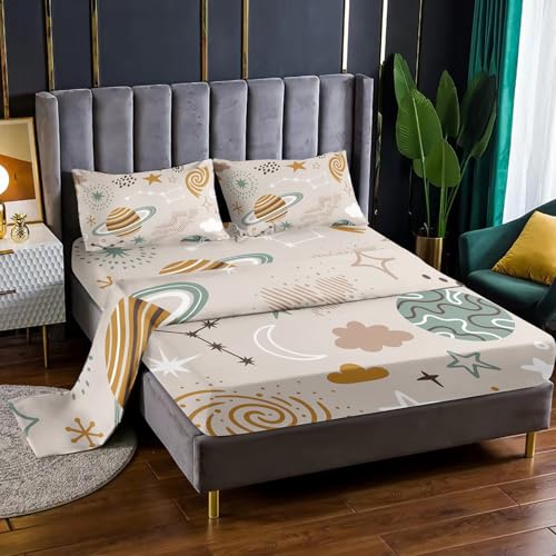 "Nttopship Space 4 Pieces Bed Sheet Sets Twin Size Planet and Clouds Bedding Sets with 16"" Deep Pockets Space Bedroom Decor,Bedding Set 4 PCS(1 Fitted+1 Flat+2 Pillowcases)"