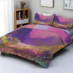 Duvet Cover Set,Oil Painting Style Colorful Summer Garden With Flowers Greenery Forest Art Decorative 3 Piece Bedding Set with 2 Pillow Sham,Pink Purple Green,Best Gift For Kids