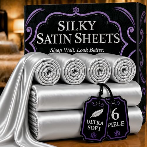 DECOLURE Queen Size Satin Sheets Set (6 Pieces, 2 Pillowcases), Grey Satin Bedding Set