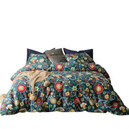 SUSYBAO 3 Pieces Duvet Cover Set 100% Natural Cotton Queen Size Multi-Colored Red Sunflowers Cactus Monster Floral Bedding With Zipper Ties 1 Duvet Cover 2 Pillowcases Quality Soft Breathable