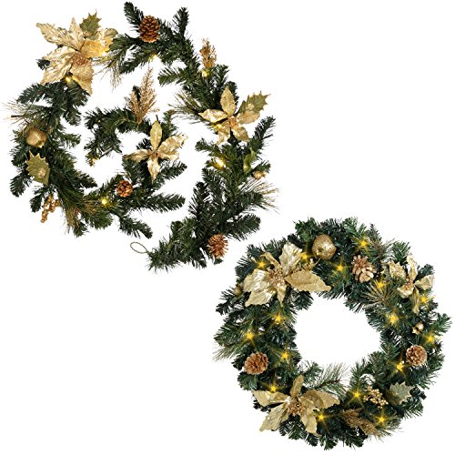 WeRChristmas 60 cm Pre-Lit Wreath 9 ft Pre-Lit Garland Christmas Decoration, Gold Glitter