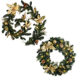 WeRChristmas 60 cm Pre-Lit Wreath 9 ft Pre-Lit Garland Christmas Decoration, Gold Glitter