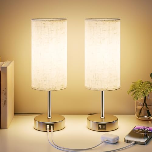 UPXNBOR Bedside Lamps Set of 2, Touch Table Lamps for Bedroom, Living Room - Desk Lamp with USB A+C Charging Ports, 3-Way Dimmable Touch Lamp, Warm Light, Linen Shade, 1.5 m Cable, E27 Incl., Silver