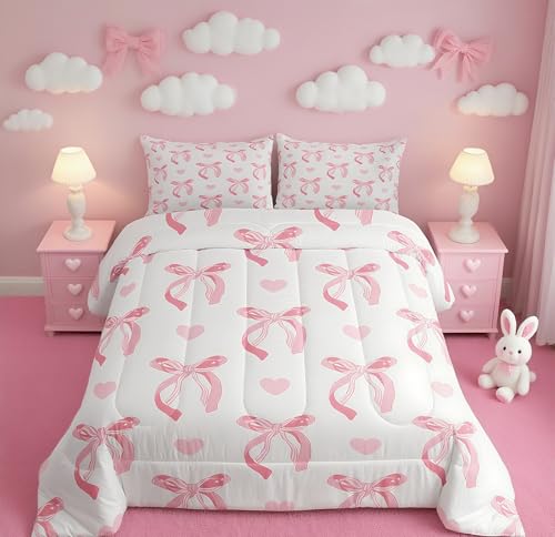 jejeloiu Cute Pink Bow Bedding Set Full Size Ribbon Bow Comforter Set for Kids Women Cartoon Love Heart Duvet Set Pink White Quilt Set 3Pcs