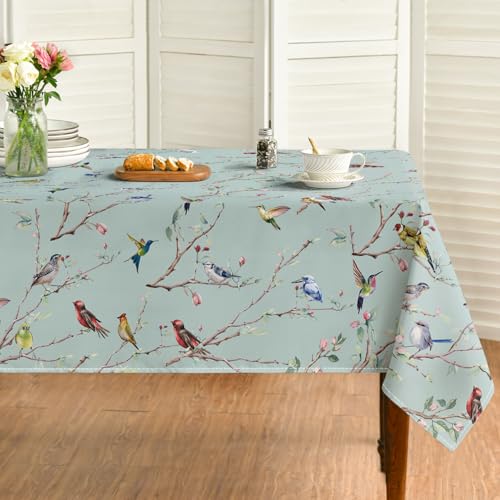 Horaldaily Spring Tablecloth 60 x 120 Inch Rectangular Birds Branch Green - Floral Seasonal Washable Table Cover for Party Picnic Dinner Decor
