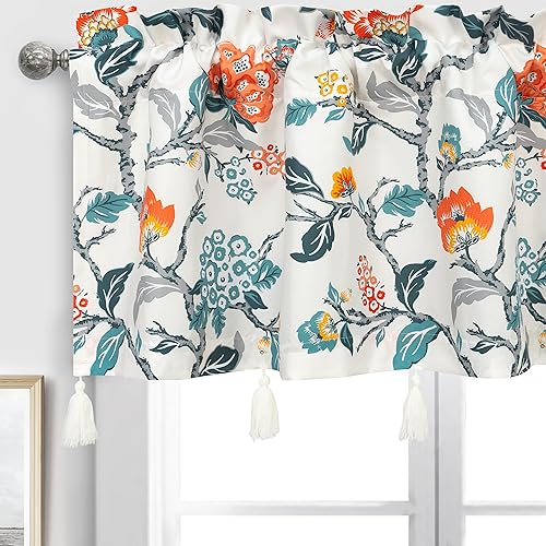 DriftAway Ada Botanical Print Lined Flower Leaf Thermal Insulated Window Valance with Handmade Tassels Rod Pocket Curtains for Kitchen 52 Inch by 18 Inch Plus 2 Inch Header Ivory Orange Teal 1 Pack