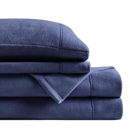 "SLEEP PHILOSOPHY True North Micro Fleece Bed Sheet Set, Warm, Sheets with 14"" Deep Pocket, for Cold Season Cozy Sheet-Set, Matching Pillow Case, Twin, Navy, 3 Piece"