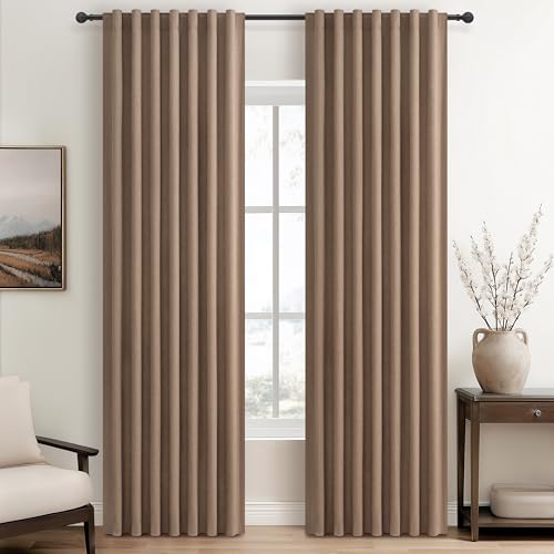 "RustBrown Black Out 92 Inch Long Boho Curtains 2 Panel Set, Farmhouse Curtains for Living Room Darkening/Thermal/Noise Reduction Textured Flax Linen Drape Hook&Ring Included Chocolate 50""x92"""